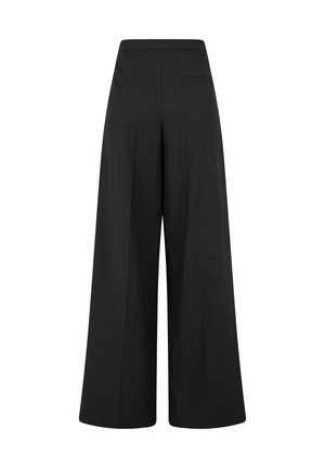 Pantalon noir taille haute à jambes larges avec une coupe ajustée et une petite poche arrière unique sur le côté droit.