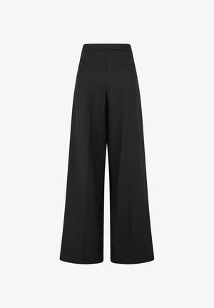Pantalon noir taille haute à jambes larges avec une coupe ajustée et une petite poche arrière unique sur le côté droit.