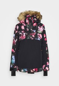 Giacca nera con motivo floreale, dotata di cappuccio foderato in pelliccia sintetica, chiusura con zip e polsini elasticizzati. Etichetta del marchio "ROXY" sul petto.
