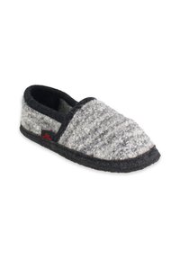 Grijze en zwarte wollen slipper met een gestructureerde bovenkant, ronde neus en zachte voering. Beschikt over een zwarte rand en een klein merklabel aan de zijkant.