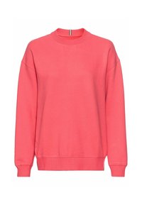 Koralfarbenes Sweatshirt aus weichem Stoff, mit Rundhalsausschnitt, langen Ärmeln und gerippten Bündchen. Schlichtes Design ohne Muster oder Verzierungen.