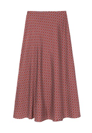 Falda midi roja con un patrón ovalado repetido en blanco y azul, hecha de una tela ligera, con forma acampanada y cinturilla.