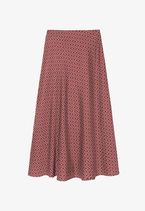 Czerwona spódnica midi z powtarzającym się owalnym wzorem w białym i niebieskim kolorze, wykonana z lekkiego materiału, z rozkloszowanym kształtem i elastycznym pasem.
