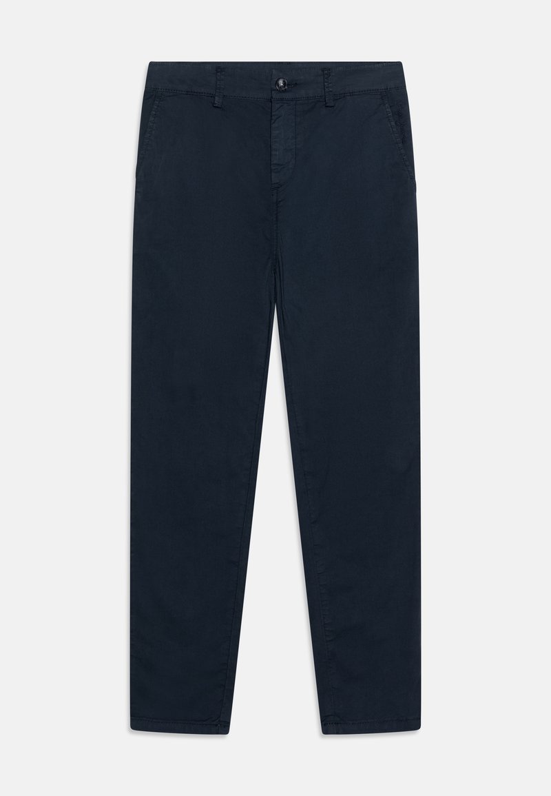 Pantaloni chinos blu navy realizzati in tessuto liscio e leggero. Presentano chiusura con bottone, passanti per cintura e tasche laterali con design a gamba affusolata.
