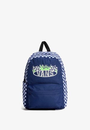 Sac à dos en tissu bleu marine avec côtés à motif à carreaux, logo avant avec flammes vertes et le mot "VANS", poignée supérieure unique et bretelles ajustables.