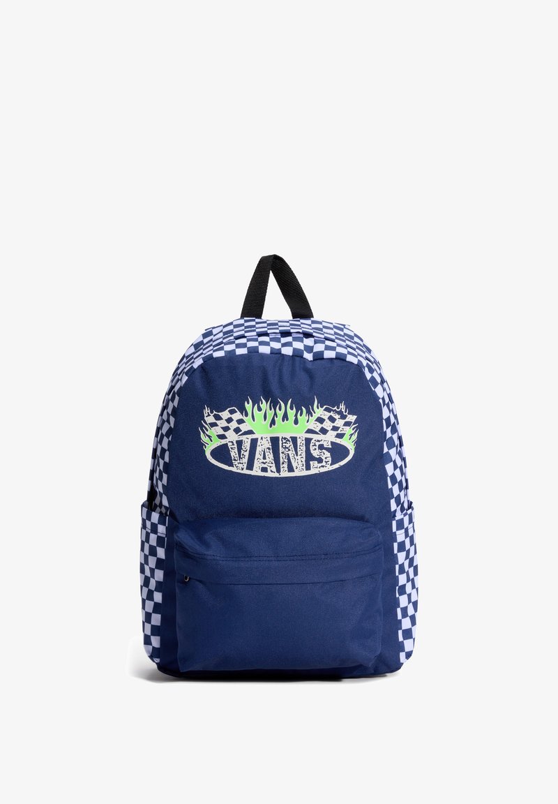 Sac à dos en tissu bleu marine avec côtés à motif à carreaux, logo avant avec flammes vertes et le mot "VANS", poignée supérieure unique et bretelles ajustables.
