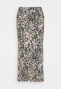 Midi sukně s leopardím vzorem, která se vyznačuje měkkou a hladkou texturou, elastickým pasem a splývavým siluetou v odstínech černé, krémové a růžové.