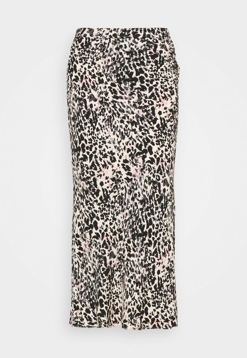 Midi sukně s leopardím vzorem, která se vyznačuje měkkou a hladkou texturou, elastickým pasem a splývavým siluetou v odstínech černé, krémové a růžové.