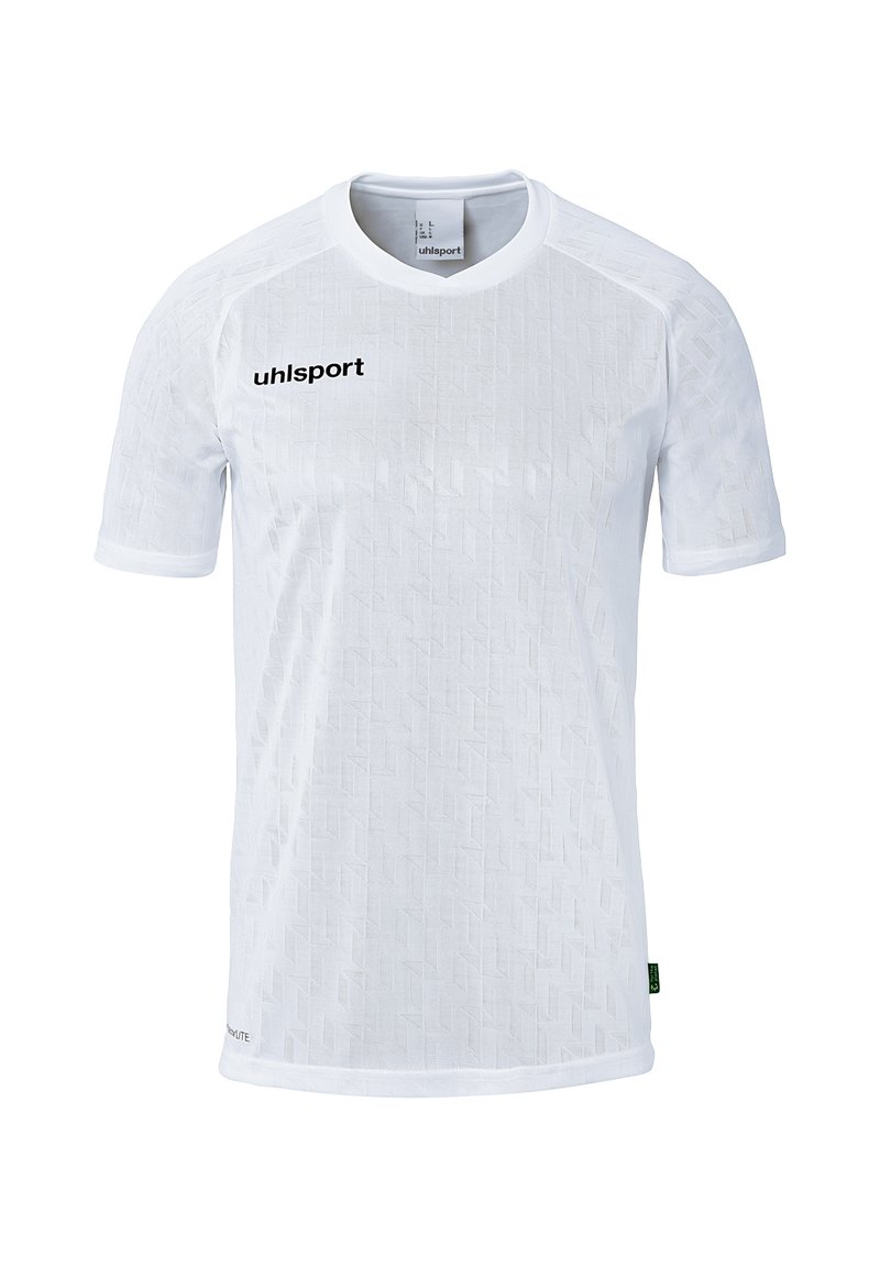 Witte sport t-shirt met korte mouwen, voorzien van een textuurpatroon, een ronde hals en een zwart "uhlsport" logo op de bovenste linkerkant.