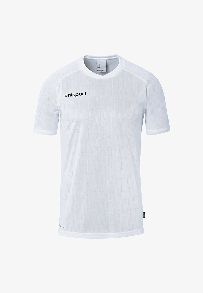 Witte sport t-shirt met korte mouwen, voorzien van een textuurpatroon, een ronde hals en een zwart "uhlsport" logo op de bovenste linkerkant.