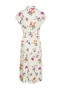Vestido floral de tela crema con mangas cortas tipo capa, cintura ajustada y patrones de flores multicolores en púrpura, naranja y verde.