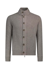 Cardigan in lana grigia con colletto alto, dotato di chiusura frontale con bottoni, polsini e orlo a coste. Texture liscia con bottoni in legno.