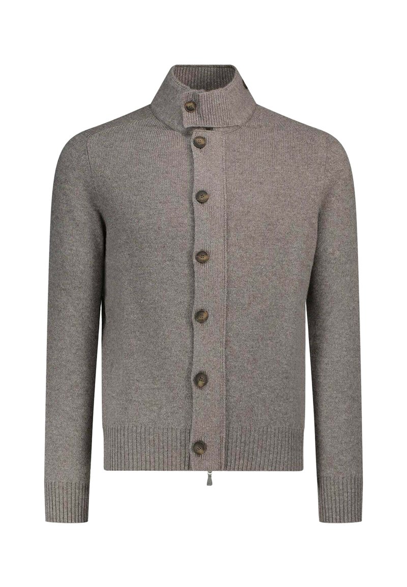 Cardigan in lana grigia con colletto alto, dotato di chiusura frontale con bottoni, polsini e orlo a coste. Texture liscia con bottoni in legno.