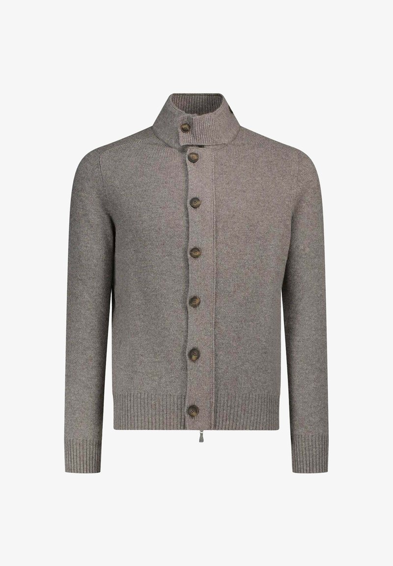 Grijze wollen cardigan met een hoge kraag, voorzien van een knoopsluiting aan de voorkant, geribbelde manchetten en zoom. Smooth texture met houten knopen.