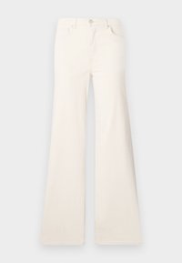 Vita, utsvängda jeans i denim med en slät yta. Har en knappstängning, bälteshällor, fram- och bakfickor.