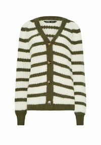 Cardigan à boutons en crème avec des rayures vert olive, présentant un col en V, des poignets côtelés, et cinq boutons marron sur le devant.