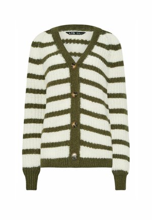 Knoop-up vest in crème met olijfgroene strepen, met een V-hals, geribbelde manchetten en vijf bruine knopen aan de voorzijde.