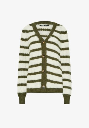 Knoop-up vest in crème met olijfgroene strepen, met een V-hals, geribbelde manchetten en vijf bruine knopen aan de voorzijde.