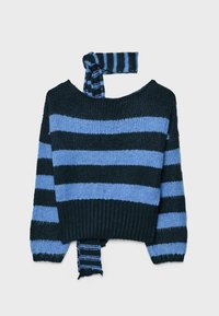 Gestrickter Pullover mit weitem Ausschnitt, versehen mit navyblauen und hellblauen horizontalen Streifen. Gerippte Bündchen und eine Schleife am Rücken.