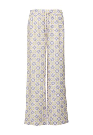 Light-colored, patterned wide-leg pants feature floral designs in yellow and purple, with an elastic waistband and drawstring detail.