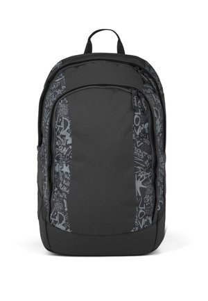 Black backpack with center panel and side sections featuring grey graffiti-style patterns and a top handle.