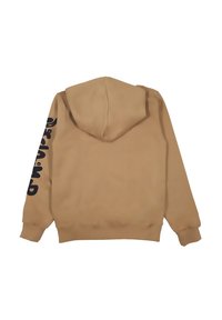 Felpa marrone con cappuccio dal tessuto morbido, caratterizzata da una stampa nera del logo sulla manica sinistra e una tasca a marsupio sul davanti.