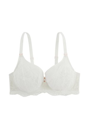 Soutien-gorge à armatures en dentelle blanche avec bretelles ajustables et petits accents décoratifs en or rose au centre et aux attaches des bretelles.