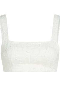Witte cropped top gemaakt van textuurstof met een fuzzy oppervlak. Heeft brede banden en een vierkante halslijn voor een gestructureerd ontwerp.