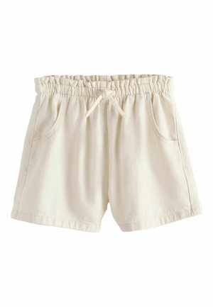 Bézs színű pamut rövidnadrág elasztikus derékpánttal és húzózsinórral, két elülső zsebbel és varrott szegélyekkel.