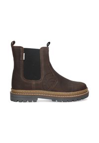 Bottines Chelsea en cuir marron avec panneaux élastiques noirs, surface texturée, bout rond et semelle en caoutchouc dotée de crampons pour l'adhérence.