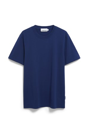 Marineblaues T-Shirt mit kurzen Ärmeln aus weichem Baumwollstoff. Verfügt über einen runden Ausschnitt und ein kleines Markenetikett am seitlichen Saum.