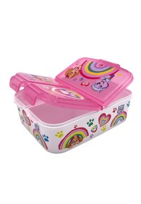 Conteneur de rangement en plastique avec un couvercle rose, décoré d'animaux de dessin animé colorés, d'arc-en-ciel et d'empreintes de pattes sur une base blanche. Design à fermeture par clips.