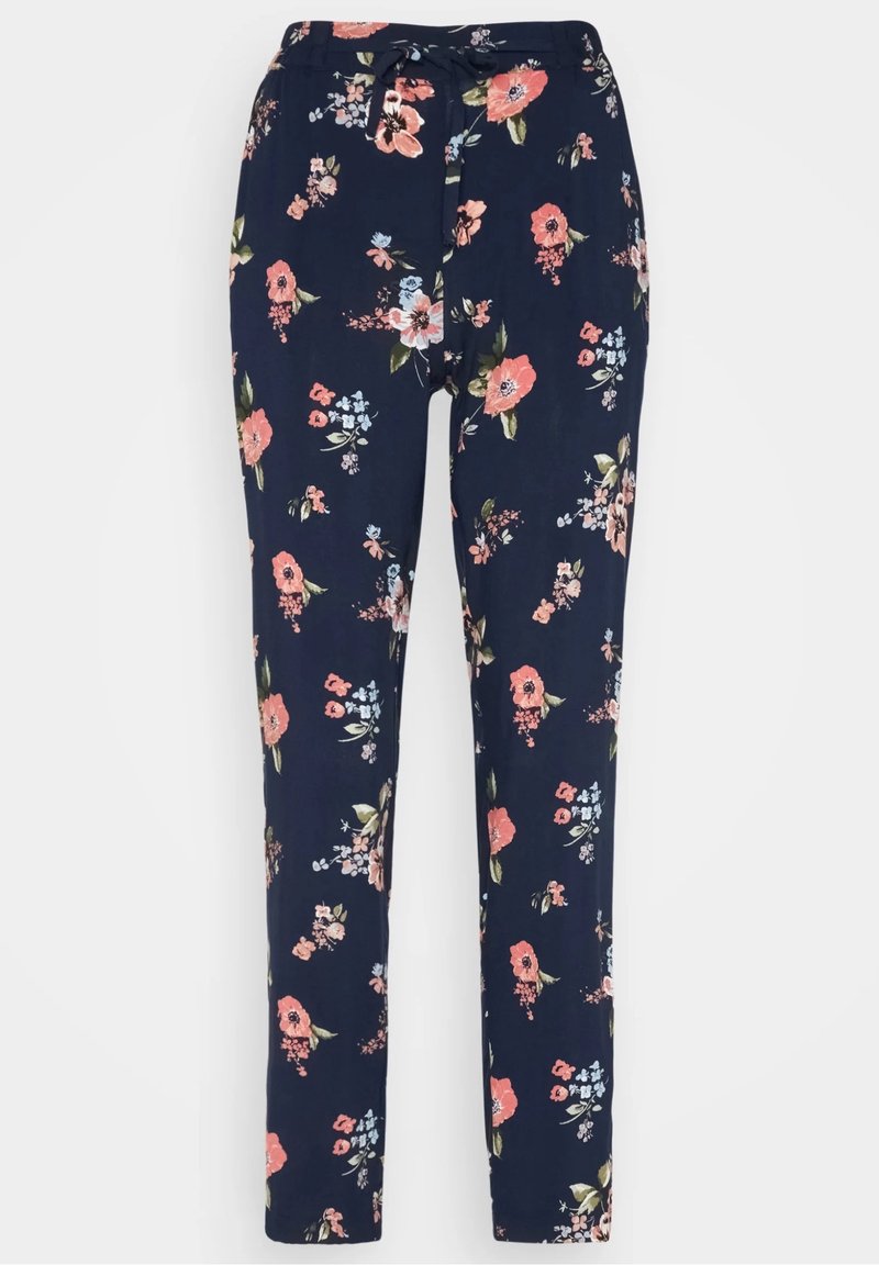Pantaloni floreali blu marino realizzati in morbido tessuto, con una vita regolabile tramite lacci e un motivo colorato di fiori rosa, rossi e blu.