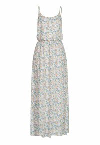 Robe longue fleurie avec fines bretelles ajustables, taille froncée et tissu doux et léger avec un motif floral aux couleurs pastel.