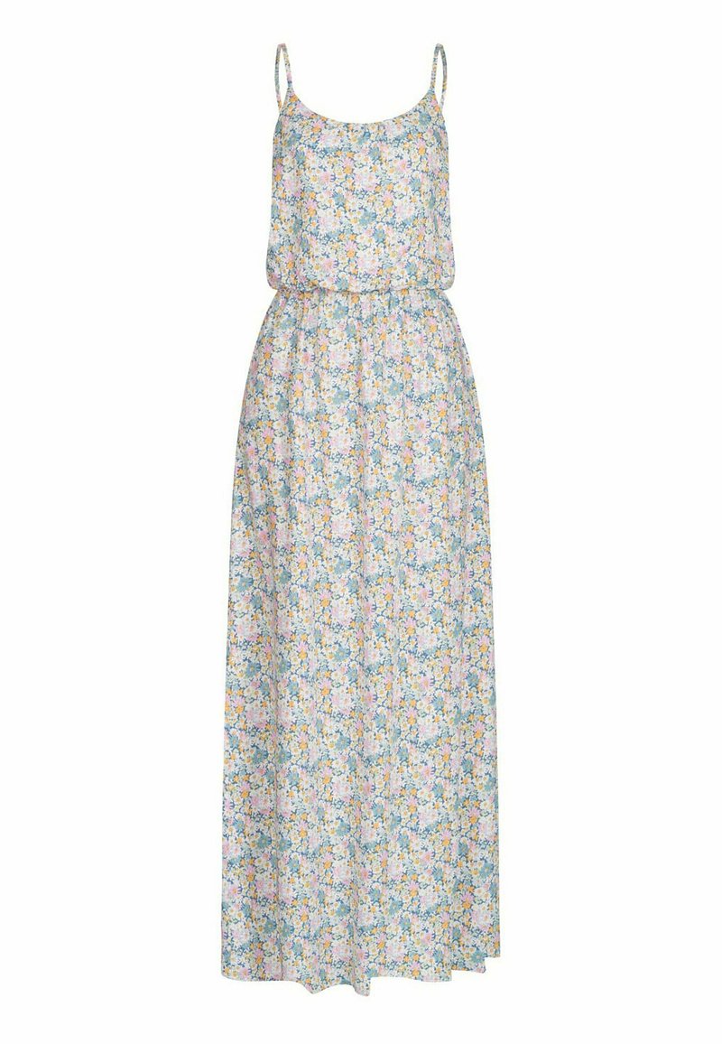 Robe longue fleurie avec fines bretelles ajustables, taille froncée et tissu doux et léger avec un motif floral aux couleurs pastel.