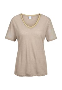 Beige V-Ausschnitt T-Shirt mit kurzen Ärmeln, das einen gelben Akzent am Halsbund aufweist. Hergestellt aus einem leichten, weichen Stoff.