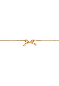 Gouden armband met een delicate ketting en een strikvormige sluiting. De sluiting heeft twee gebogen linten en een centrale parel detail.