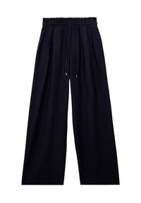 Wijde broeken in donker marineblauw, gemaakt van lichtgewicht stof. Heeft een gestructureerde elastische tailleband met een koord en metalen punten.