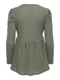 Langarm olijfgroen geribd shirt met een geplooide peplum taille en licht opgeblazen schouders, gezien van achteren.