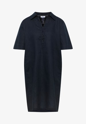 Mellem-lang marineblå linnedkjole med korte ærmer, krave, knaplukning foran og sidelommer.