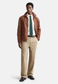 Giacca di tessuto marrone con colletto, camicia bianca, cravatta a righe verdi, pantaloni color cachi e scarpe scure. Vestibilità sartoriale, texture liscia.