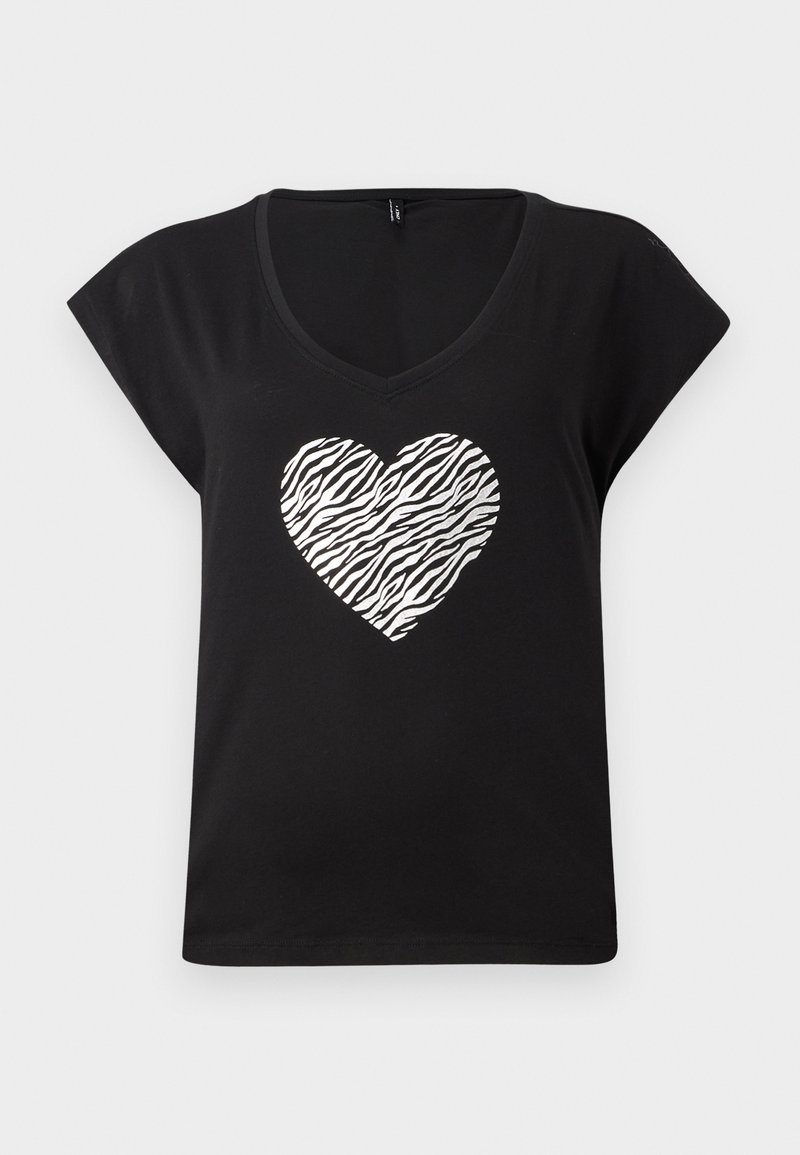 Schwarzes T-Shirt mit kurzen Ärmeln und V-Ausschnitt, das in der Mitte ein silbernes Herz im Zebra-Muster zeigt. Hergestellt aus weichem Baumwollmaterial.