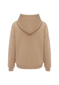 Beige kapucnis pulóver nagy kapucnival, hosszú ujakkal, bordás mandzsettával és bordás aljjal, hátulról látható, fehér háttér előtt.