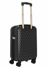 Hartschalenkoffer in Schwarz mit glänzender Oberfläche, mit einem sich wiederholenden Logo-Muster, ausziehbarem goldfarbenem Griff und vier drehbaren Rollen.