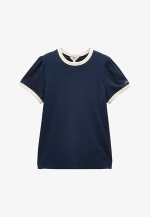 Navyblå kortærmet skjorte med hvid kant på krave og ærmekanter, let pufærmer og lille logo på venstre ærme.