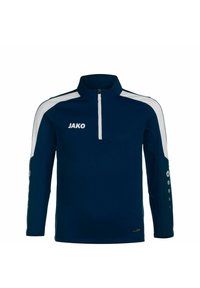 Pullover navy a maniche lunghe con zip a quarto, dotato di accenti bianchi, colletto alto e logo. Tessuto morbido con polsini aderenti e dettagli laterali.