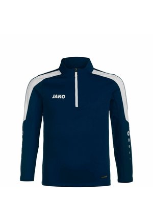 Marineblauwe longsleeve quarter-zip pullover met witte accenten, een hoge kraag en logo. Gladde textuur met aansluitende manchetten en zijdetails.