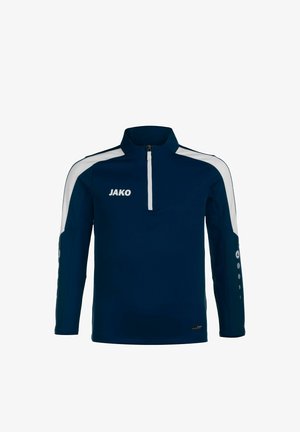 Marineblauer Langarm-Quarter-Zip-Pullover mit weißen Akzenten, hohem Kragen und Logo. Glatte Textur mit körpernahen Bündchen und seitlichen Details.