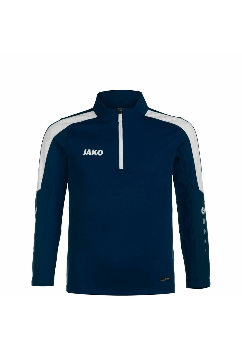 Pullover navy a maniche lunghe con zip a quarto, dotato di accenti bianchi, colletto alto e logo. Tessuto morbido con polsini aderenti e dettagli laterali.