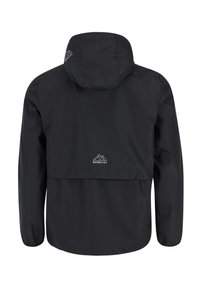 Czarna wodoodporna kurtka z kapturem, z logo górskim, w długości do połowy uda, o gładkiej, lekkiej strukturze.